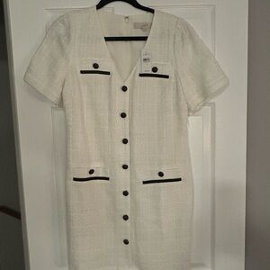 LOFT Tweed Button-Front Dress with Black Trim Accents